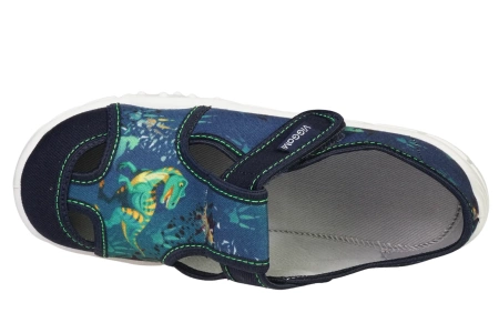 Tenisówki dziecięce Viggami Adaś Dino granatowe kapcie chłopięce na rzep