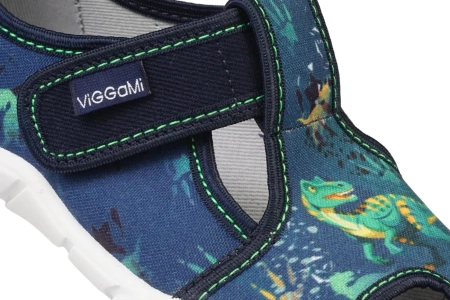 Tenisówki dziecięce Viggami Adaś Dino granatowe kapcie chłopięce na rzep